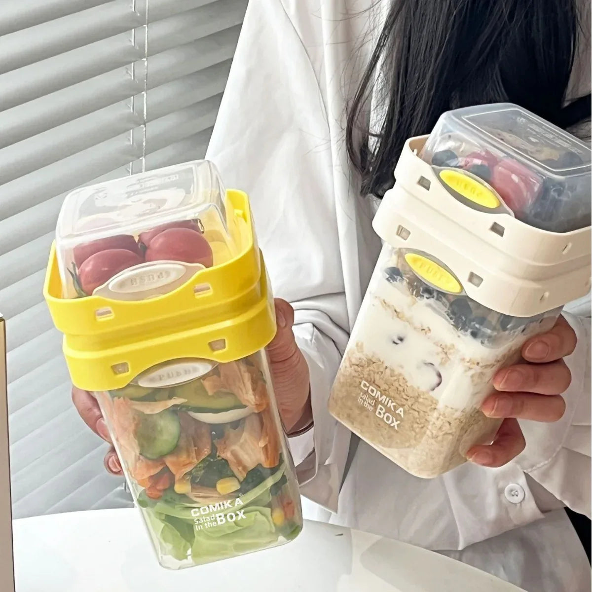 Yellow Portable salad cup with ingredient compartment and fork and spoon - enjoy breakfast on the go - Mekamart Australia