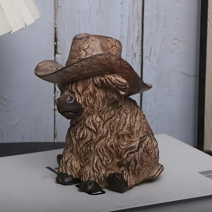 Rustic Highland Cow Statue with Cowboy Hat - Resin Farmhouse Decor - Mekamart Australia
