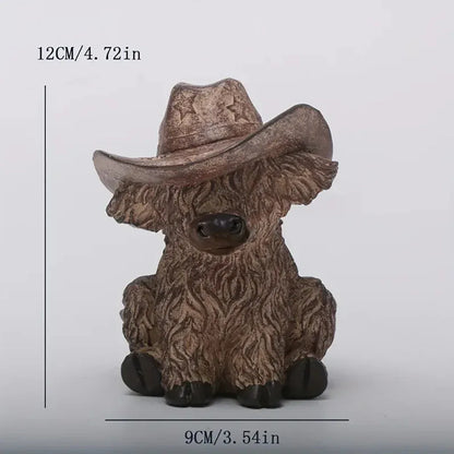 Rustic Highland Cow Statue with Cowboy Hat - Resin Farmhouse Decor - Mekamart Australia