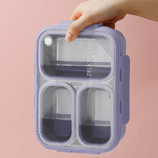 Purple 3-Compartment Stainless Steel Bento Lunch Box - Leak-Proof, for Kids & Adults for School & Office - Mekamart Australia