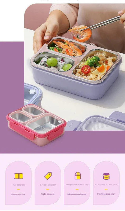 Purple 3-Compartment Stainless Steel Bento Lunch Box - Leak-Proof, for Kids & Adults for School & Office - Mekamart Australia