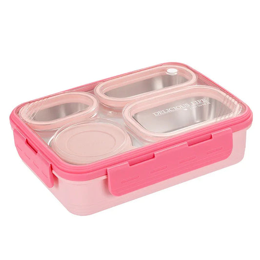 Pink 3-Compartment Stainless Steel Bento Lunch Box - Leak-Proof, for Kids & Adults for School & Office - Mekamart Australia