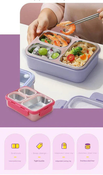 Pink 3-Compartment Stainless Steel Bento Lunch Box - Leak-Proof, for Kids & Adults for School & Office - Mekamart Australia