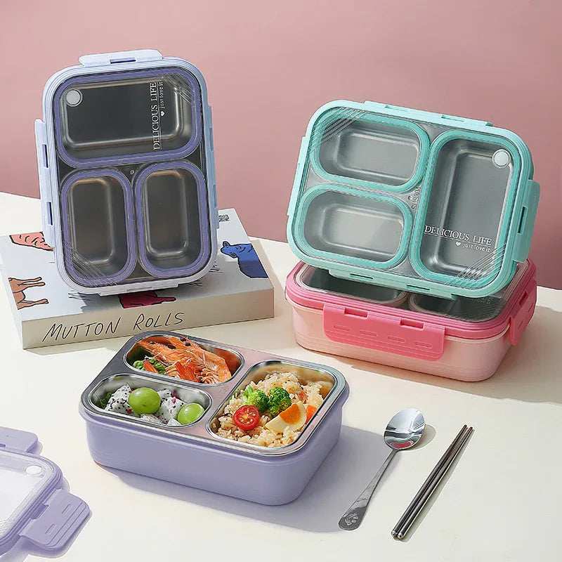 Green 3-Compartment Stainless Steel Bento Lunch Box - Leak-Proof, for Kids & Adults for School & Office - Mekamart Australia