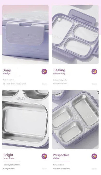 Green 3-Compartment Stainless Steel Bento Lunch Box - Leak-Proof, for Kids & Adults for School & Office - Mekamart Australia