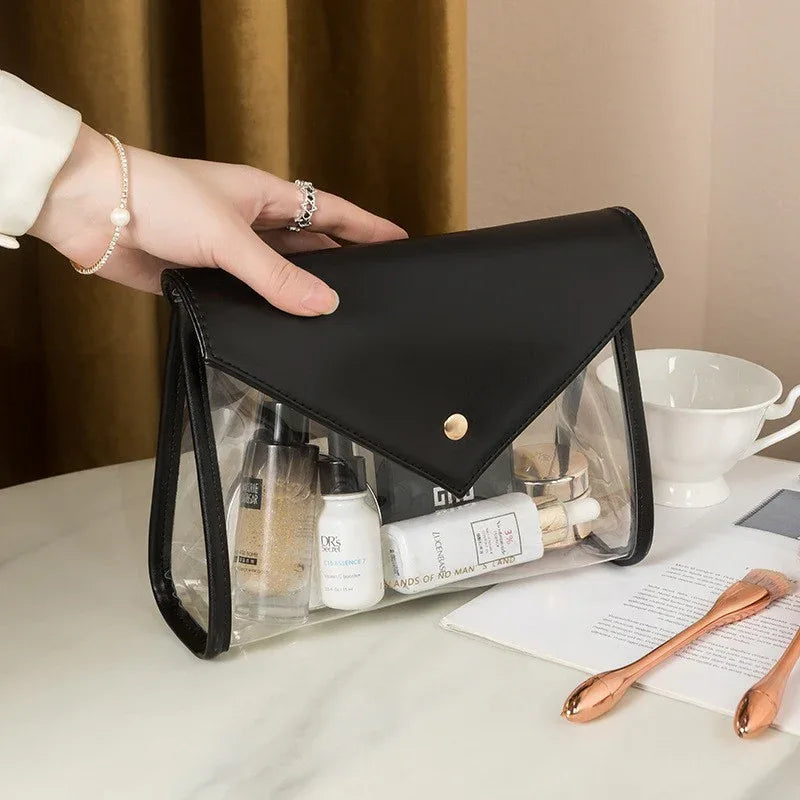 Black Chic Envelope Makeup Bag with Transparent Waterproof Design - Mekamart Australia