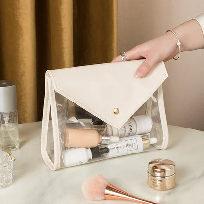 White Chic Envelope Makeup Bag with Transparent Waterproof Design - Mekamart Australia