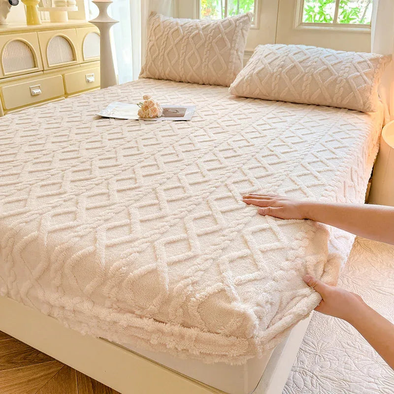 Beige Ultra Soft Plush Fitted Sheet - Winter Warm Plush Bed Sheet Embossed Diamond Pattern (180x200cm) - Mekamart Australia