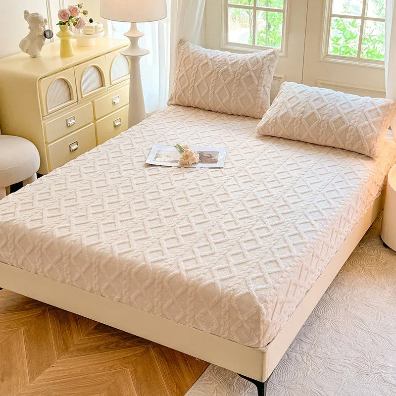 Beige Ultra Soft Plush Fitted Sheet - Winter Warm Plush Bed Sheet Embossed Diamond Pattern (180x200cm) - Mekamart Australia