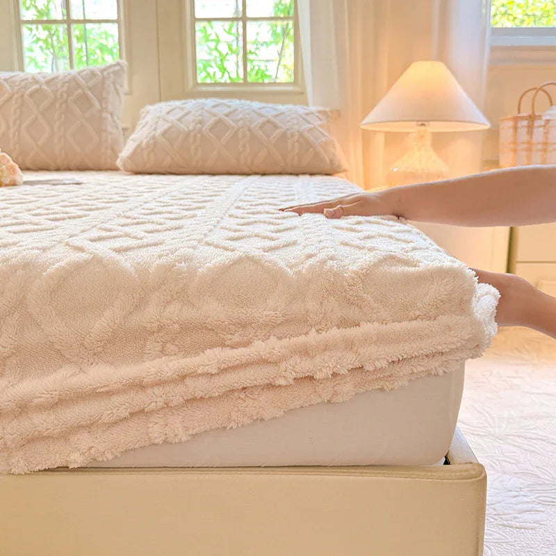 Beige Ultra Soft Plush Fitted Sheet - Winter Warm Plush Bed Sheet Embossed Diamond Pattern (180x200cm) - Mekamart Australia