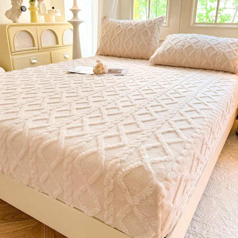 Beige Ultra Soft Plush Fitted Sheet - Winter Warm Plush Bed Sheet Embossed Diamond Pattern (180x200cm) - Mekamart Australia