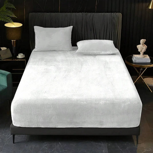 White Plush Crystal Velvet Fitted Sheet - Ultra Soft, Warm & Thick for Winter (99x190+36cm) - Mekamart Australia