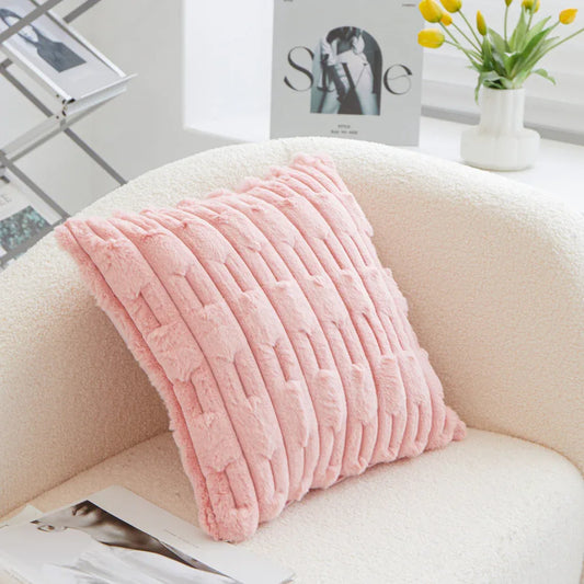 A pair of pink Plush Faux Rabbit Fur Throw Pillow Cover - Textured Wheat Ear Design (45x45cm) - Mekamart Australia