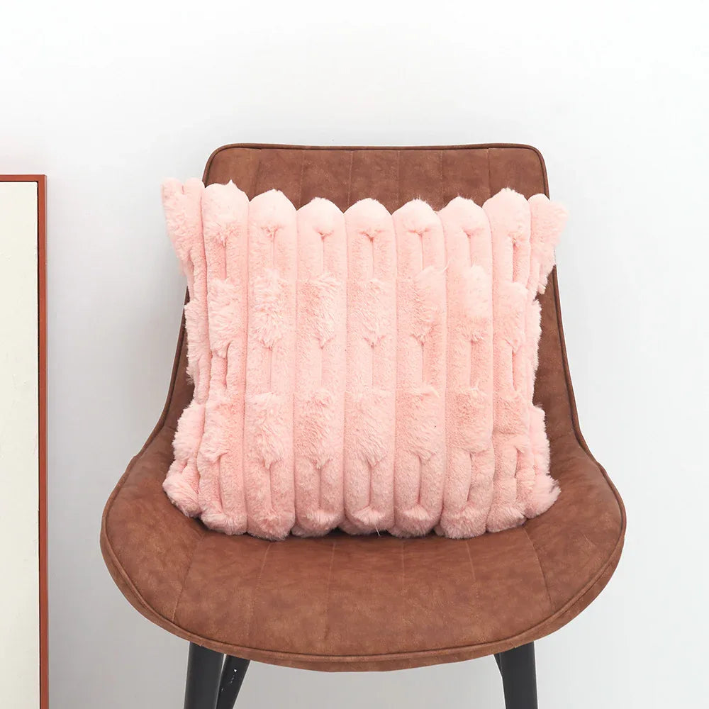 A pair of pink Plush Faux Rabbit Fur Throw Pillow Cover - Textured Wheat Ear Design (45x45cm) - Mekamart Australia