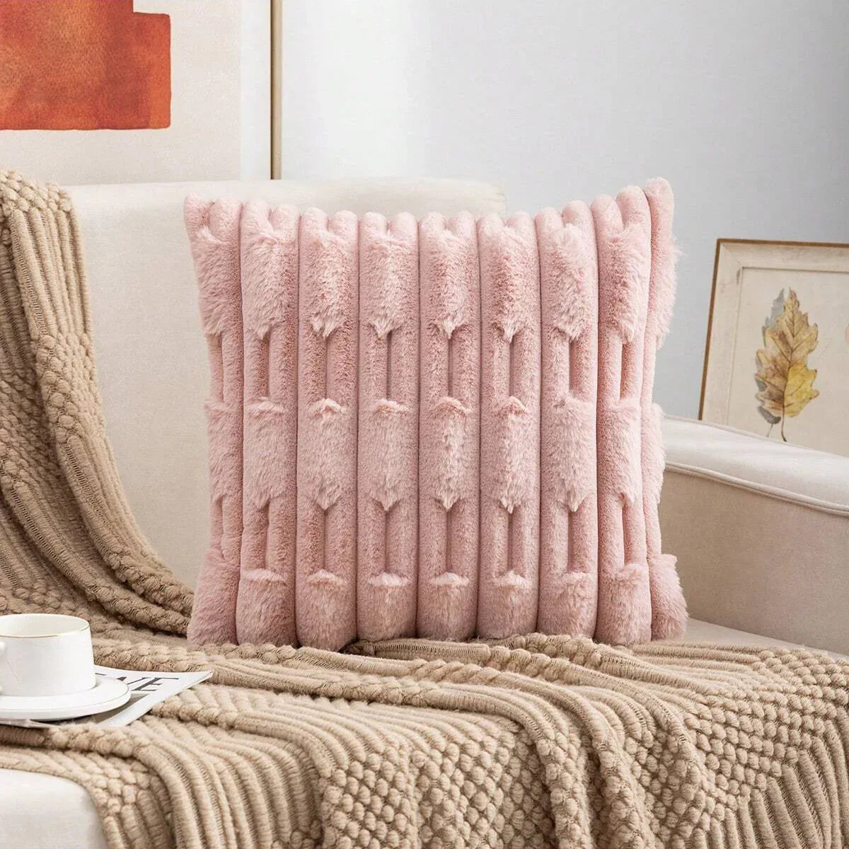 A pair of pink Plush Faux Rabbit Fur Throw Pillow Cover - Textured Wheat Ear Design (45x45cm) - Mekamart Australia