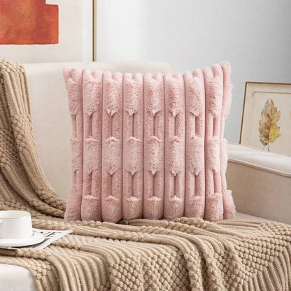 A pair of pink Plush Faux Rabbit Fur Throw Pillow Cover - Textured Wheat Ear Design (45x45cm) - Mekamart Australia