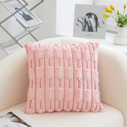A pair of pink Plush Faux Rabbit Fur Throw Pillow Cover - Textured Wheat Ear Design (45x45cm) - Mekamart Australia