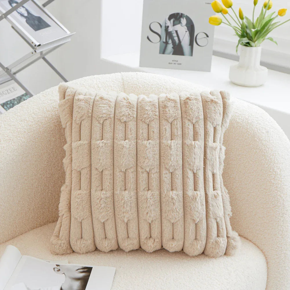 A pair of Khaki Plush Faux Rabbit Fur Throw Pillow Cover - Textured Wheat Ear Design (45x45cm) - Mekamart Australia