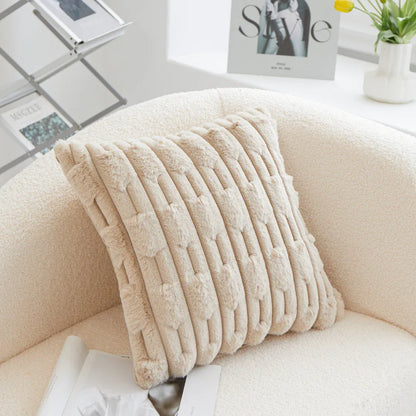 A pair of Khaki Plush Faux Rabbit Fur Throw Pillow Cover - Textured Wheat Ear Design (45x45cm) - Mekamart Australia