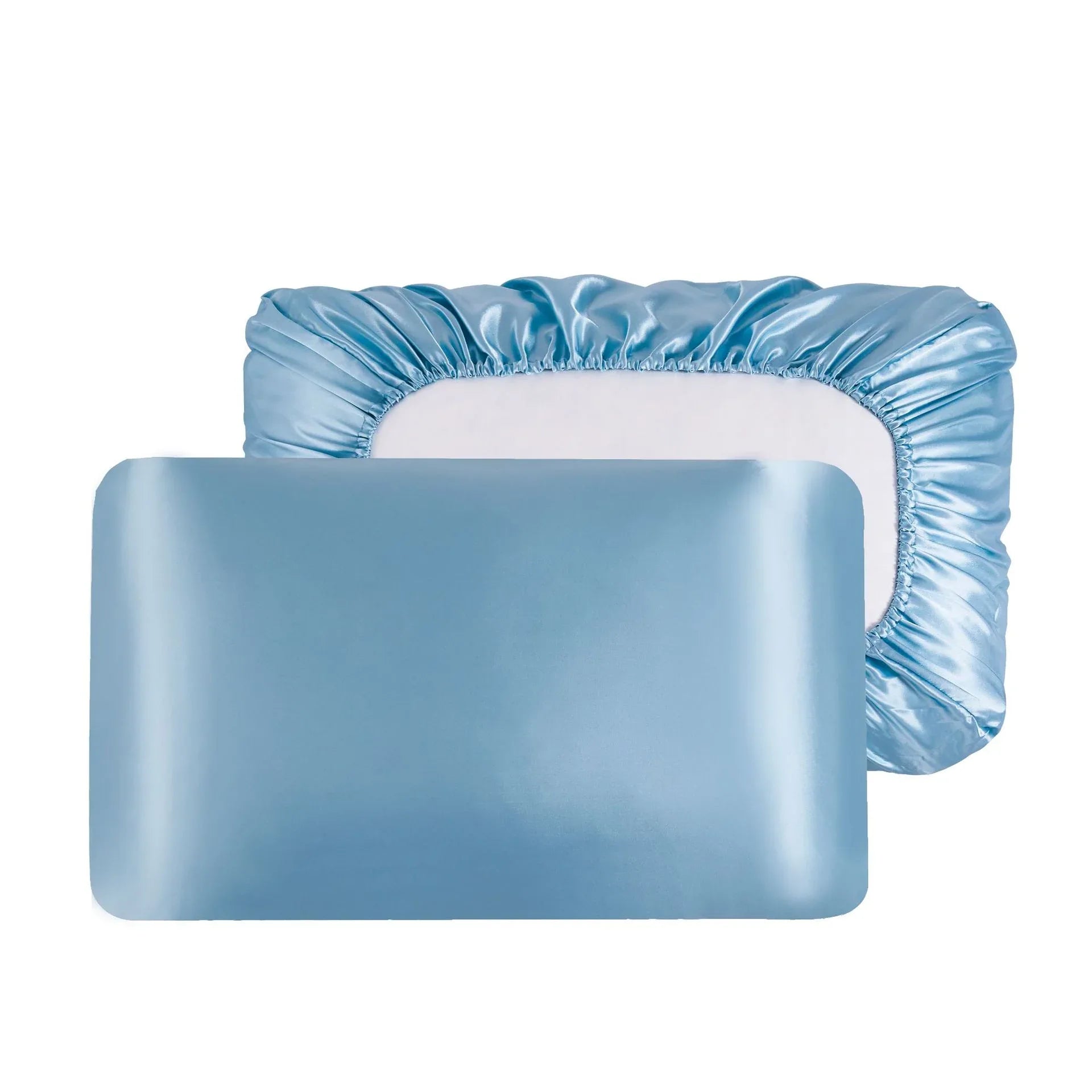 Sky Blue Silky Satin Pillowcase Pair - Smooth for Hair & Skin, Elastic Fitted (46x90+16cm) - Mekamart Australia