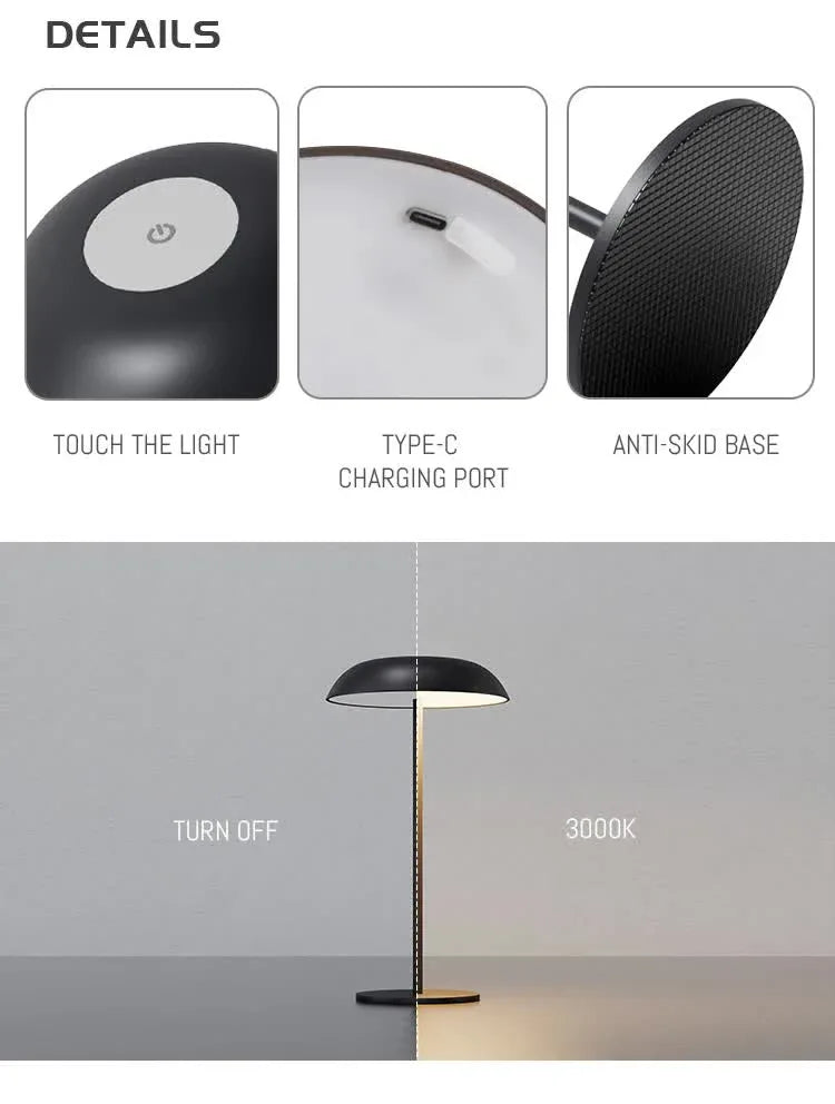Black Minimalist Rechargeable LED Touch Table Lamp - 3-Color Stepless Dimming Metal Desk Light - Mekamart Australia
