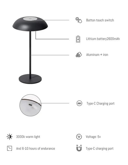 Black Minimalist Rechargeable LED Touch Table Lamp - 3-Color Stepless Dimming Metal Desk Light - Mekamart Australia