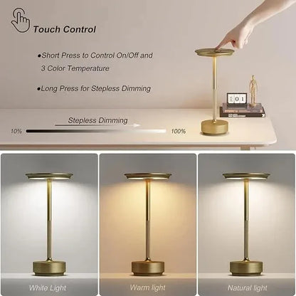 Silver Elegant Aluminum Alloy Rechargeable LED Touch Lamp - 3-Color Dimmable Cordless Table Light - Mekamart Australia