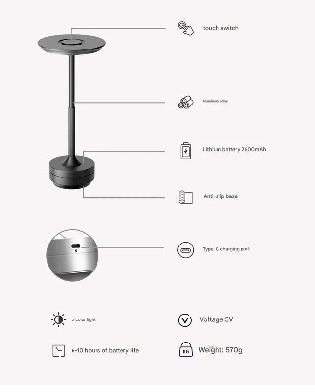 Silver Elegant Aluminum Alloy Rechargeable LED Touch Lamp - 3-Color Dimmable Cordless Table Light - Mekamart Australia