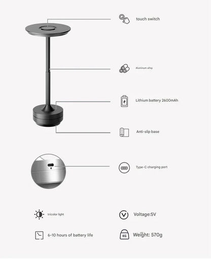 Silver Elegant Aluminum Alloy Rechargeable LED Touch Lamp - 3-Color Dimmable Cordless Table Light - Mekamart Australia