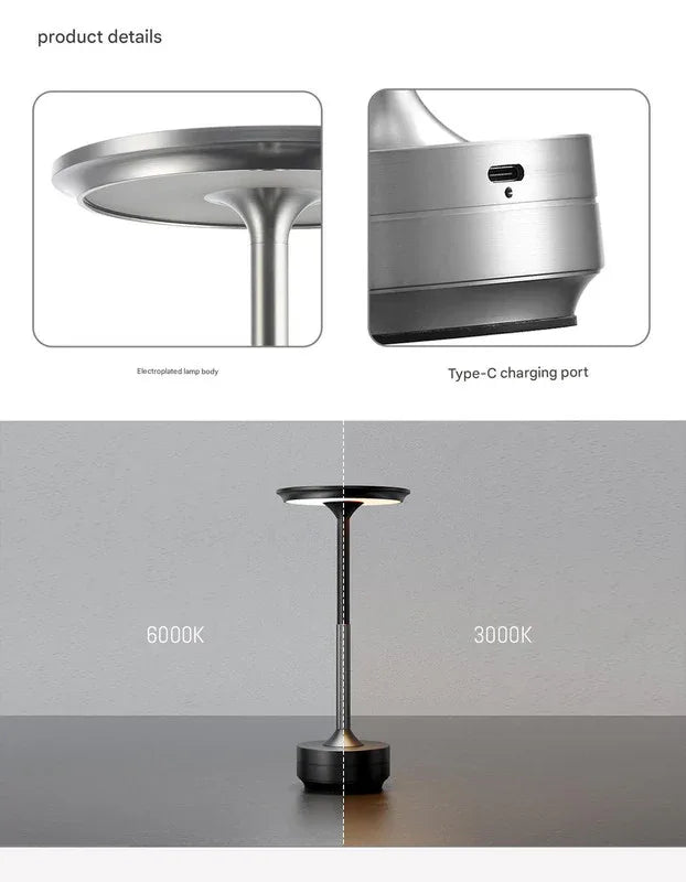 Black Elegant Aluminum Alloy Rechargeable LED Touch Lamp - 3-Color Dimmable Cordless Table Light - Mekamart Australia