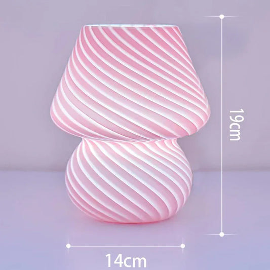 Pink Retro Swirl Glass Mushroom Table Lamp - USB Powered 3-Level Dimmable Bedside Accent Light - Mekamart Australia