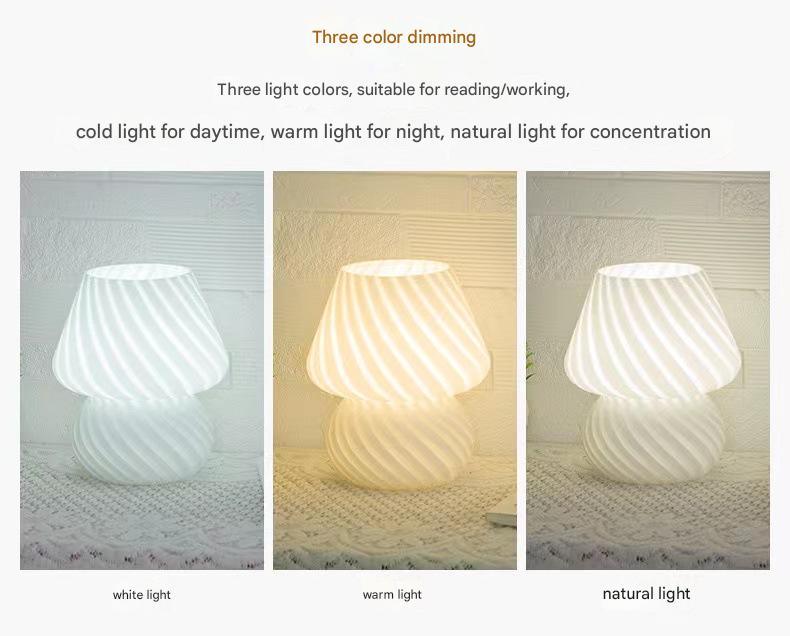 Pink Retro Swirl Glass Mushroom Table Lamp - USB Powered 3-Level Dimmable Bedside Accent Light - Mekamart Australia