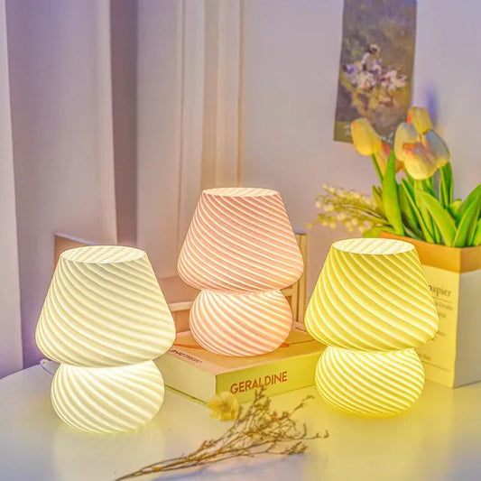 Yellow Retro Swirl Glass Mushroom Table Lamp - USB Powered 3-Level Dimmable Bedside Accent Light - Mekamart Australia