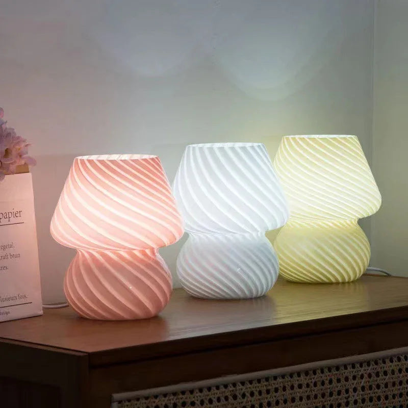 Yellow Retro Swirl Glass Mushroom Table Lamp - USB Powered 3-Level Dimmable Bedside Accent Light - Mekamart Australia