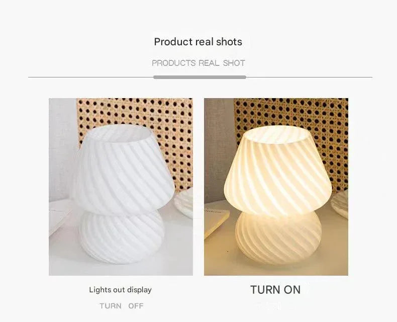 Yellow Retro Swirl Glass Mushroom Table Lamp - USB Powered 3-Level Dimmable Bedside Accent Light - Mekamart Australia