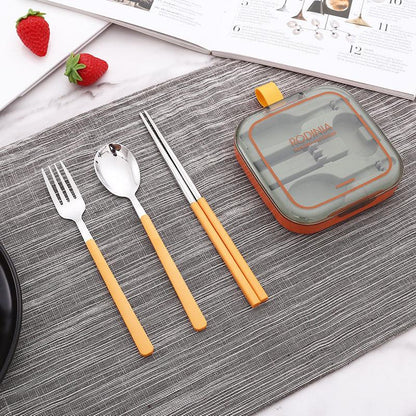 2 Sets Orange And Grey Portable Stainless Steel Cutlery Set - Reusable Utensils (2 Fork, 2 Spoon, 2 pairs of Chopsticks) with Compact Travel Case - Mekamart Australia