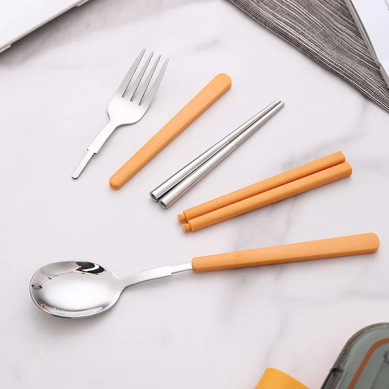 2 Sets Orange And Grey Portable Stainless Steel Cutlery Set - Reusable Utensils (2 Fork, 2 Spoon, 2 pairs of Chopsticks) with Compact Travel Case - Mekamart Australia