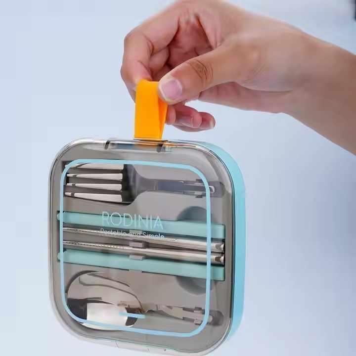2 Sets Orange And Grey Portable Stainless Steel Cutlery Set - Reusable Utensils (2 Fork, 2 Spoon, 2 pairs of Chopsticks) with Compact Travel Case - Mekamart Australia