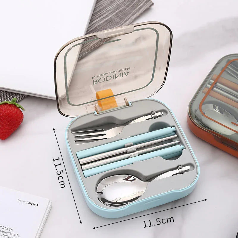2 Sets Blue And Grey Portable Stainless Steel Cutlery Set - Reusable Utensils (2 Fork, 2 Spoon, 2 pairs of Chopsticks) with Compact Travel Case - Mekamart Australia