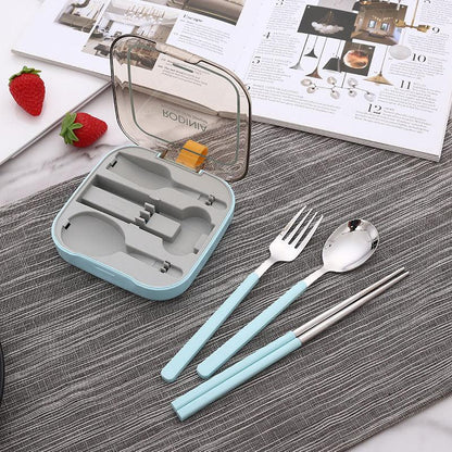 2 Sets Blue And Grey Portable Stainless Steel Cutlery Set - Reusable Utensils (2 Fork, 2 Spoon, 2 pairs of Chopsticks) with Compact Travel Case - Mekamart Australia