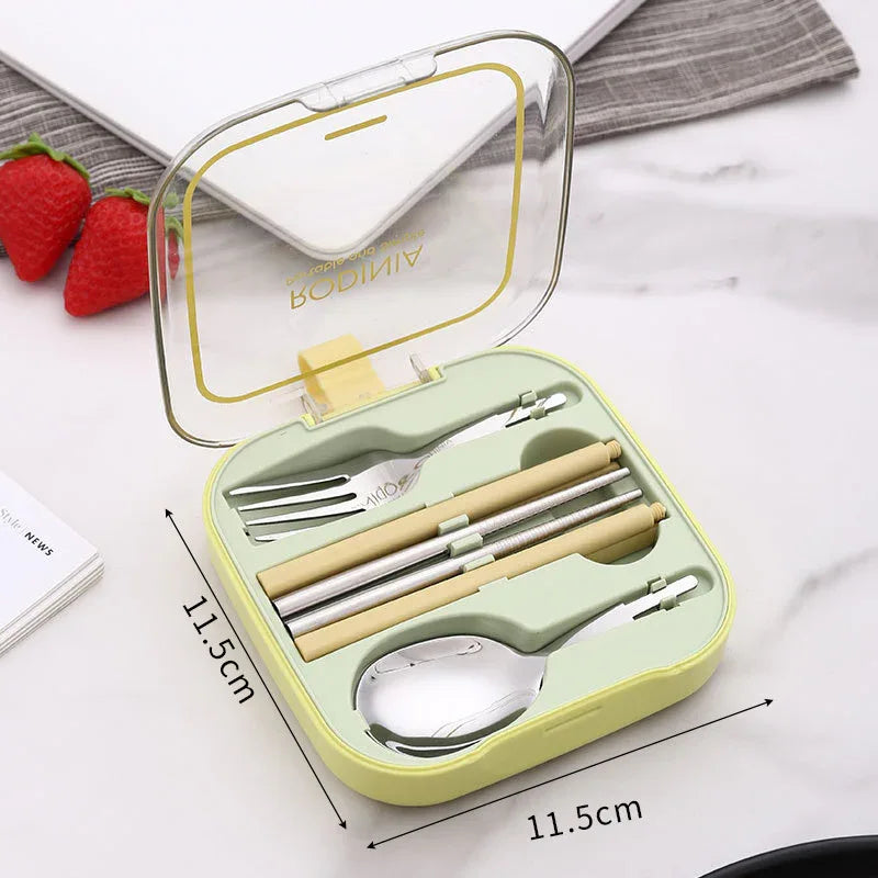 2 Sets Green Portable Stainless Steel Cutlery Set - Reusable Utensils (2 Fork, 2 Spoon, 2 pairs of Chopsticks) with Compact Travel Case - Mekamart Australia