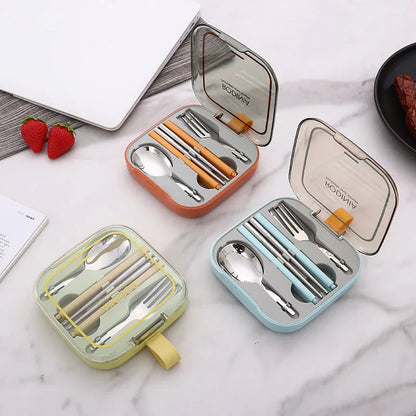 2 Sets Green Portable Stainless Steel Cutlery Set - Reusable Utensils (2 Fork, 2 Spoon, 2 pairs of Chopsticks) with Compact Travel Case - Mekamart Australia