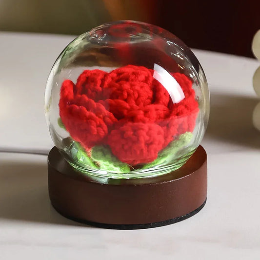 Red Rose Handcrafted Crochet Flower LED Night Light - USB Rechargeable Glass Dome Lamp with Wood Base, 3 Color Modes - Mekamart Australia
