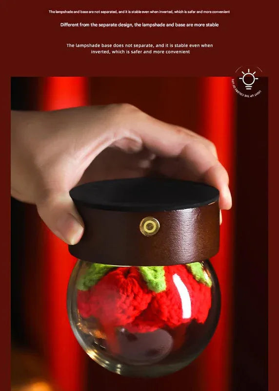 Red Rose Handcrafted Crochet Flower LED Night Light - USB Rechargeable Glass Dome Lamp with Wood Base, 3 Color Modes - Mekamart Australia