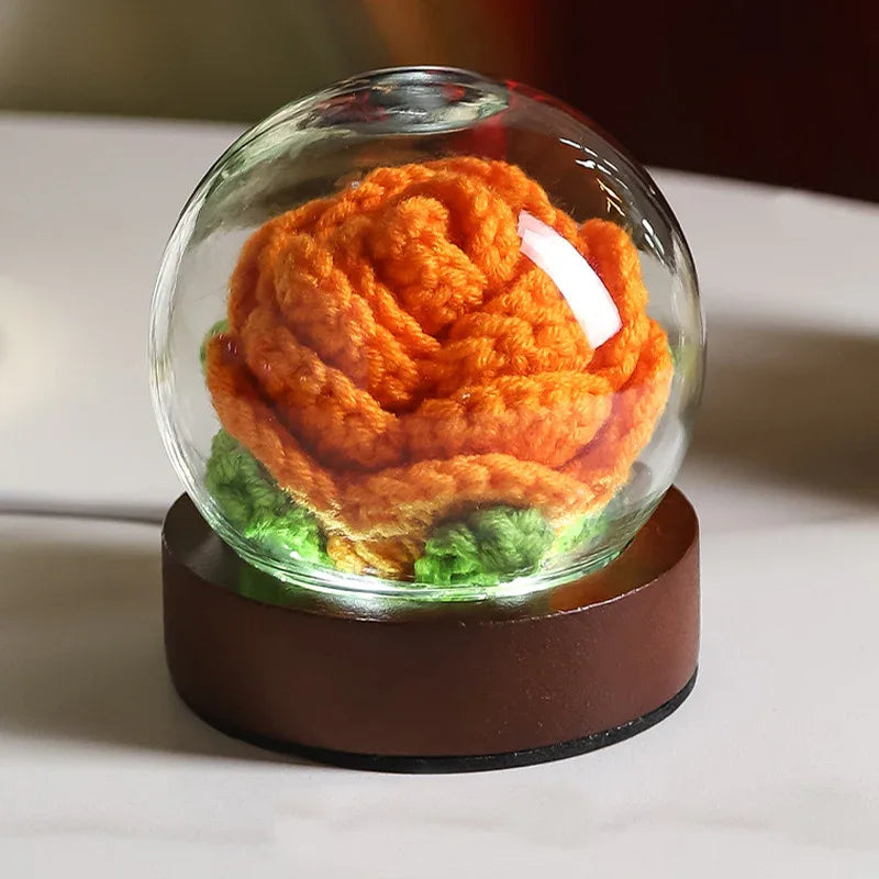 Orange Rose Handcrafted Crochet Flower LED Night Light - USB Rechargeable Glass Dome Lamp with Wood Base, 3 Color Modes - Mekamart Australia
