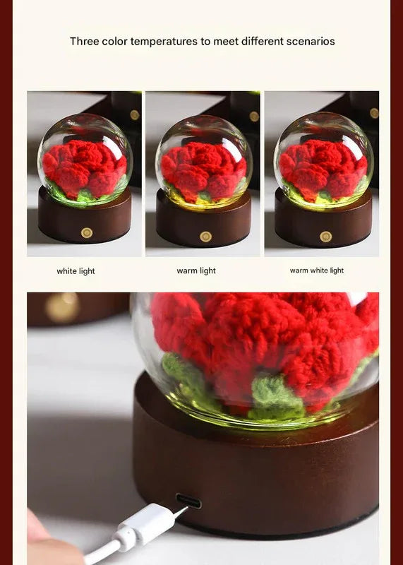 Orange Rose Handcrafted Crochet Flower LED Night Light - USB Rechargeable Glass Dome Lamp with Wood Base, 3 Color Modes - Mekamart Australia