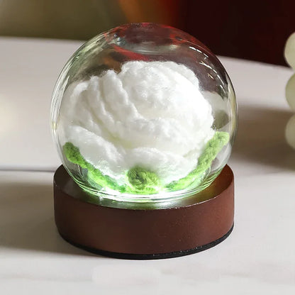 White Rose Handcrafted Crochet Flower LED Night Light - USB Rechargeable Glass Dome Lamp with Wood Base, 3 Color Modes - Mekamart Australia
