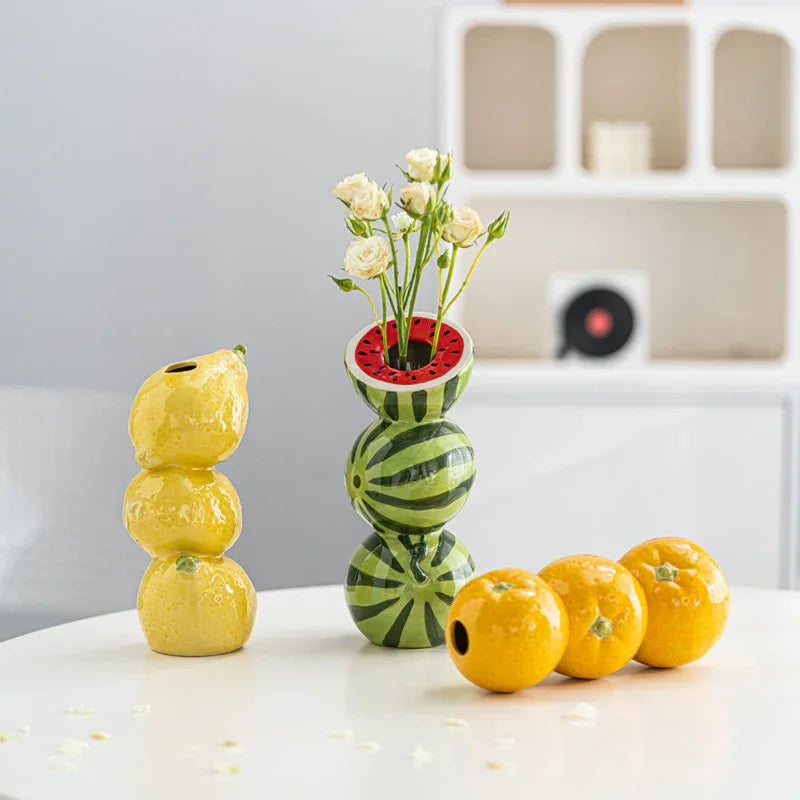 Yellow Zesty Stacked Lemon Ceramic Vase - Cheerful Nordic Tabletop Decor - Mekamart Australia