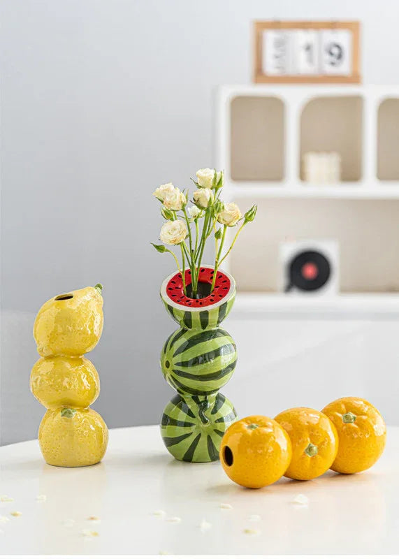 Yellow Zesty Stacked Lemon Ceramic Vase - Cheerful Nordic Tabletop Decor - Mekamart Australia