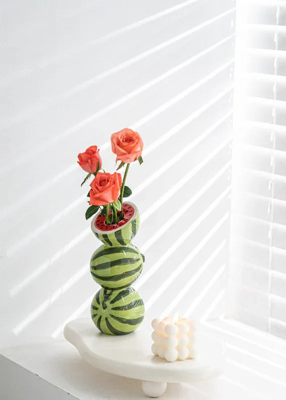 Green and Red Whimsical Stacked Watermelon Ceramic Vase - Novelty Tabletop Decor - Mekamart Australia